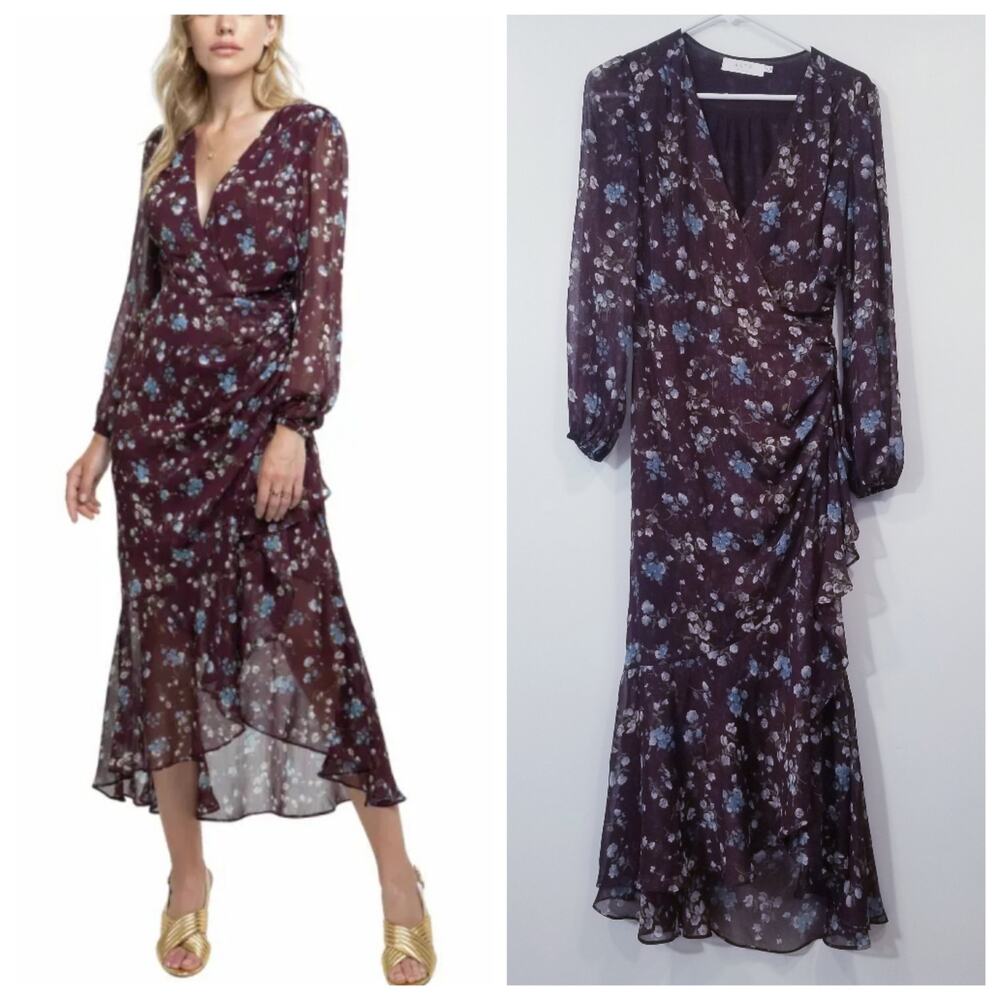 ASTR Floral V-Neck Maxi Dress Cinched Waist Ruched Long Sleeves Multicolor